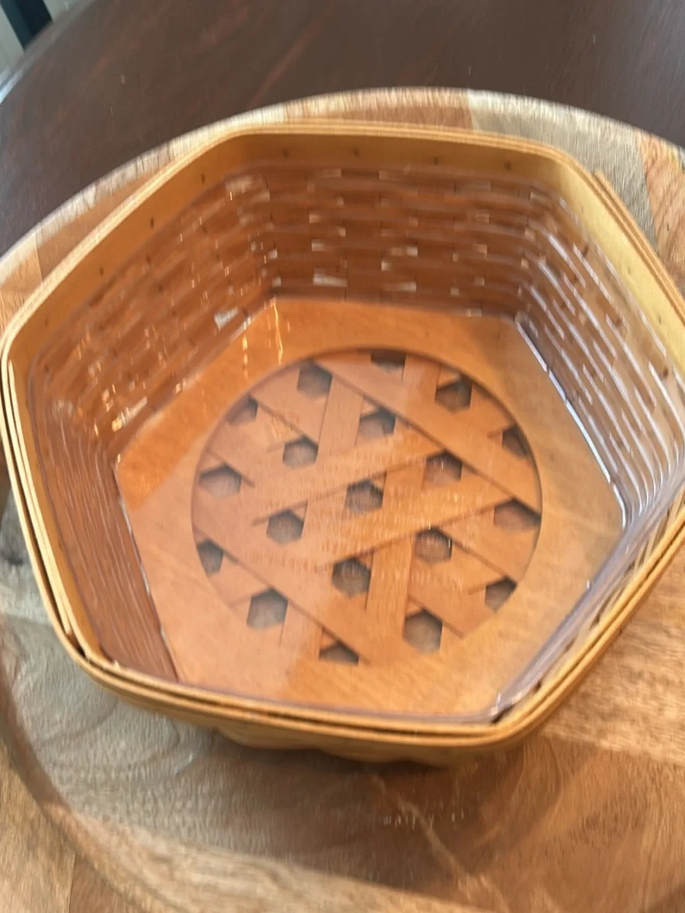 Longaberger Woven Basket with Lid  and liner- 5 in tall by 12 in wide